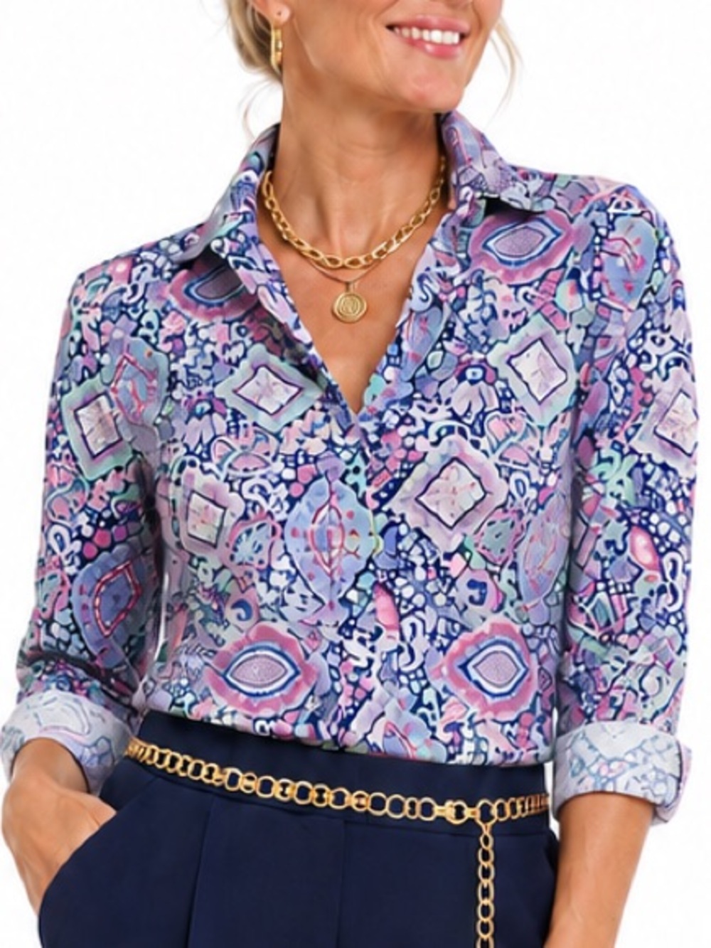 TALBOTS CLASSIC PAISLEY BLUE & PINK BUTTON DOWN SHIRT SZ SM